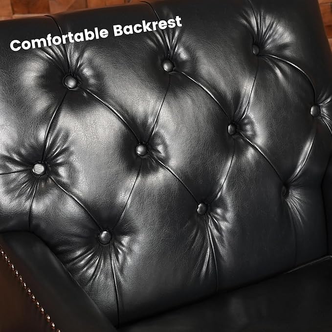 CONSDAN Leather Accent Chair Living Room Chair with Soft High-Resilience Cushion Leather Armchair with Button Tufting and Nailhead Trim Black