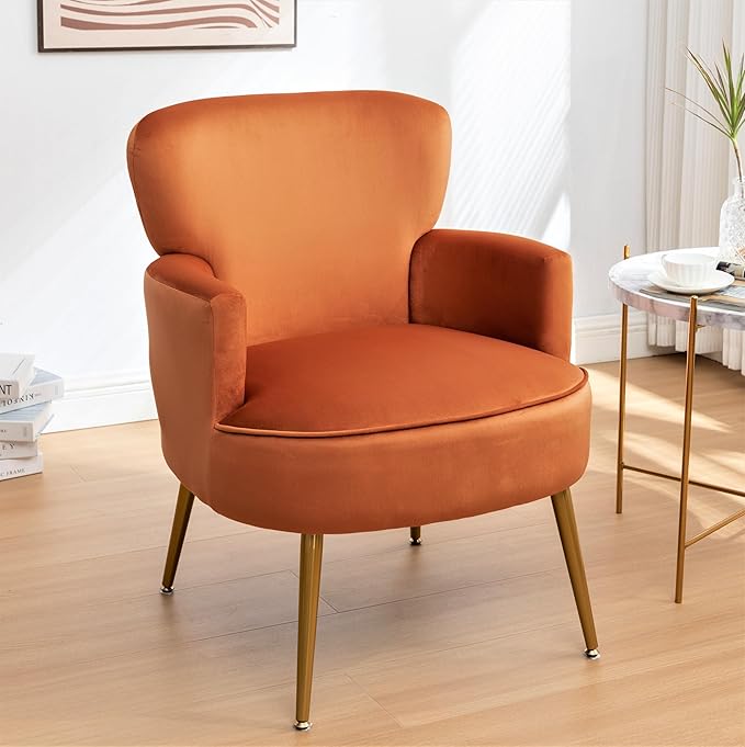 Trendy Velvet Accent Chair with Gold Metal Legs Upholstered Armchair for Small to Mid-Size Spaces Modern Living Room Bedroom Vanity Desk and Entryway Red Orange