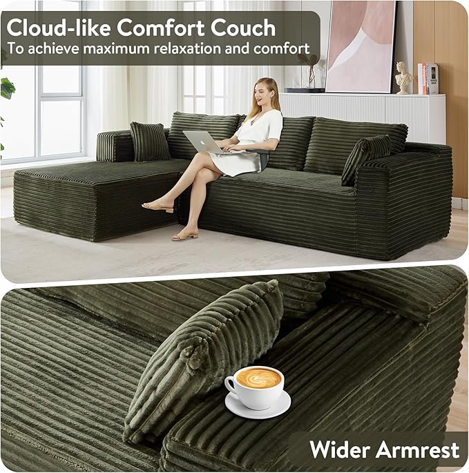 110 Modular Sectional Sofa Cloud Sectional Couch with L-Shape Chaise Modern Modular Couches with Deep Seat Corduroy Sponge Compressed Sofa for Living Room No Assembly Required (Green)