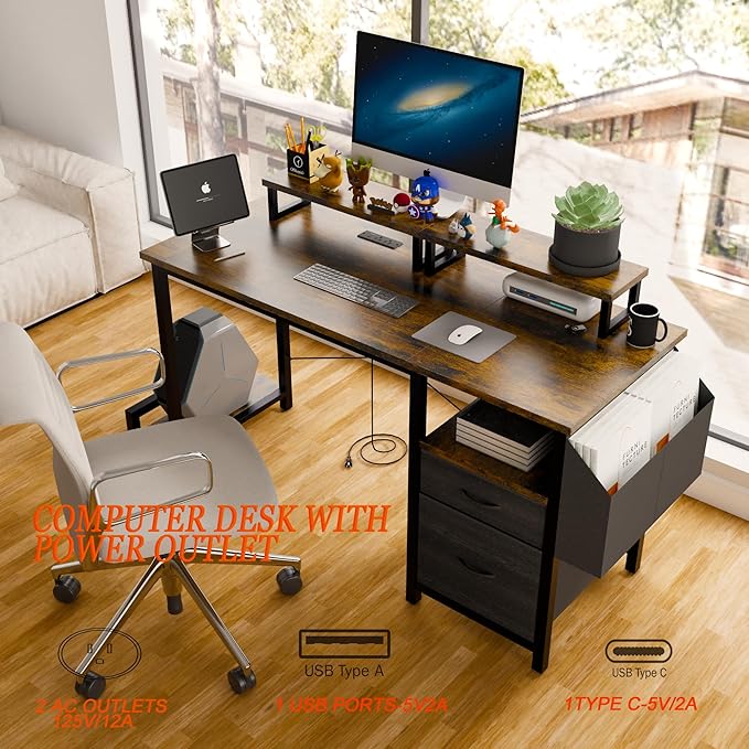 Computer Desk with Drawer and Power Outlets 47 Office Desk with 2 Monitor Stands and Fabric File Cabinet Writing Gaming Table with Shelves and Hooks for Home Office Rustic Brown