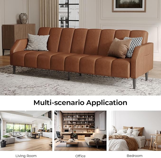Fadware Faux Leather Couch Convertible Futon Sofa Bed with Adjustable Backrest Mid Century Leather Sofa Loveseat with Side Pockets&amp Metal Leg Modern Leather Sleeper Sofa for Living Room Bedroom