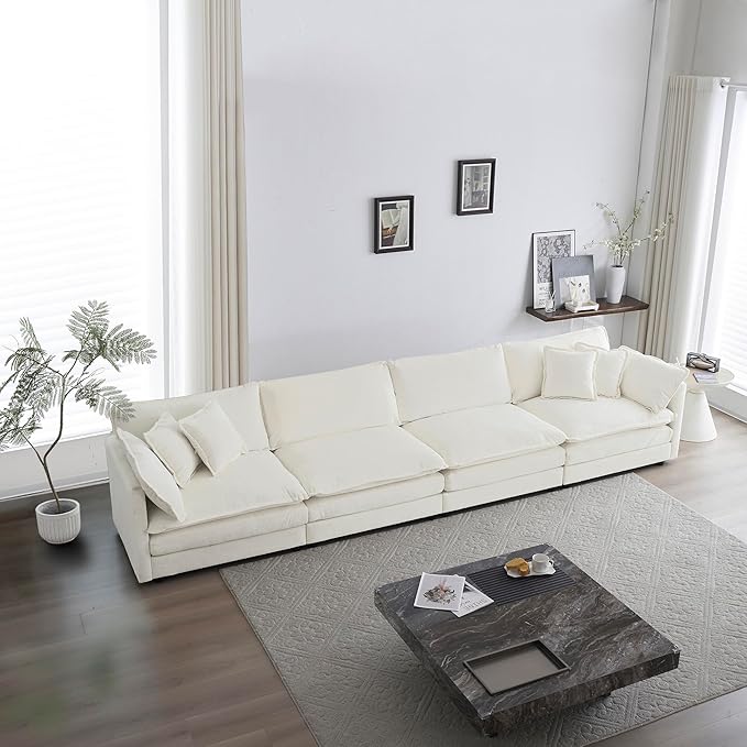 mikibama Luxury Modular Sectional Sofa 146.5 Modern Chenille Comfy Cloud Couches for Living Room Office 4 Seater Deep Sofa with 2 Armrest Pillows and 4 Toss Pillows Beige