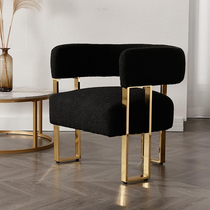 Modern Barrel Accent Chair with Golden Metal Legs Soft Sherpa Upholstered Reading Armchair Boucle Living Room Side Chair for Bedroom/Reception Room/Lounge/Office Black