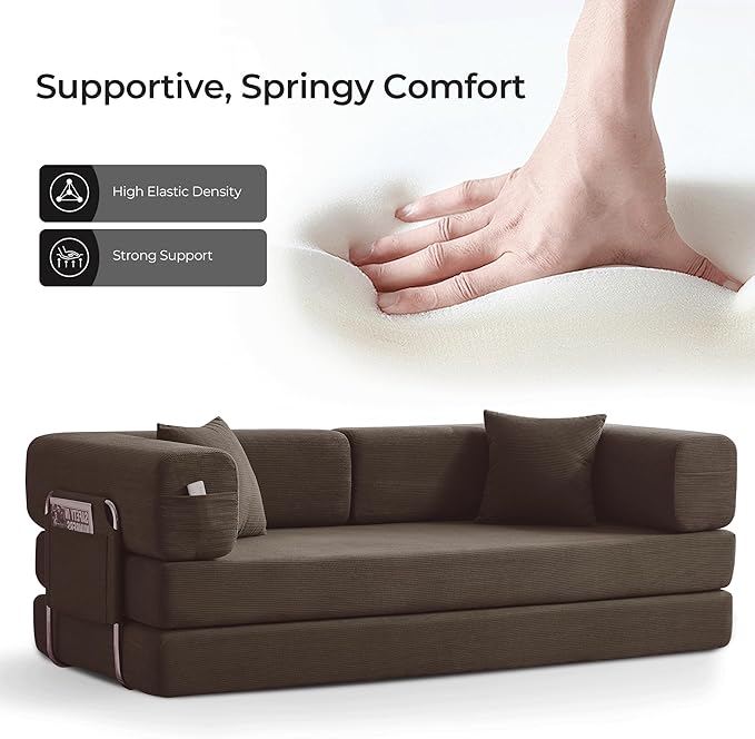 79 Convertible Sofa Bed with Pillows Corduroy Folding Sleeper Sofa with Fixed-Shape Frame Boneless Couch for Living Room Bedroom Floor Sofa Lounge No Assembly Required (Brown)