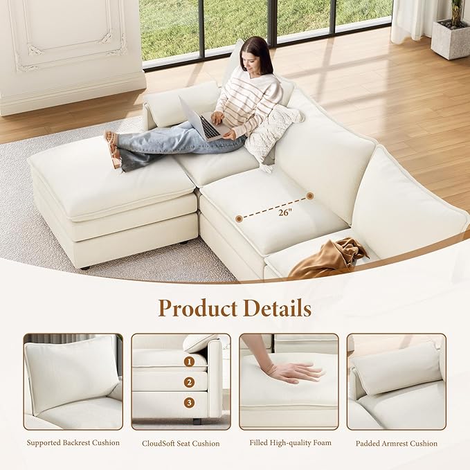 Vesgantti 142 U Shaped Sectional Couch Comfy Cloud Modular Sectional Sofa with 2 Ottoman Deep Seat Chenille Modern Cloud Sofa Modular Sofas for Living Room Bedroom and Apartment Snow White