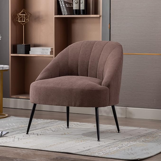 Cotton Linen Fabric Accent Chair with Black Metal Legs for Living RoomCoffee Brown