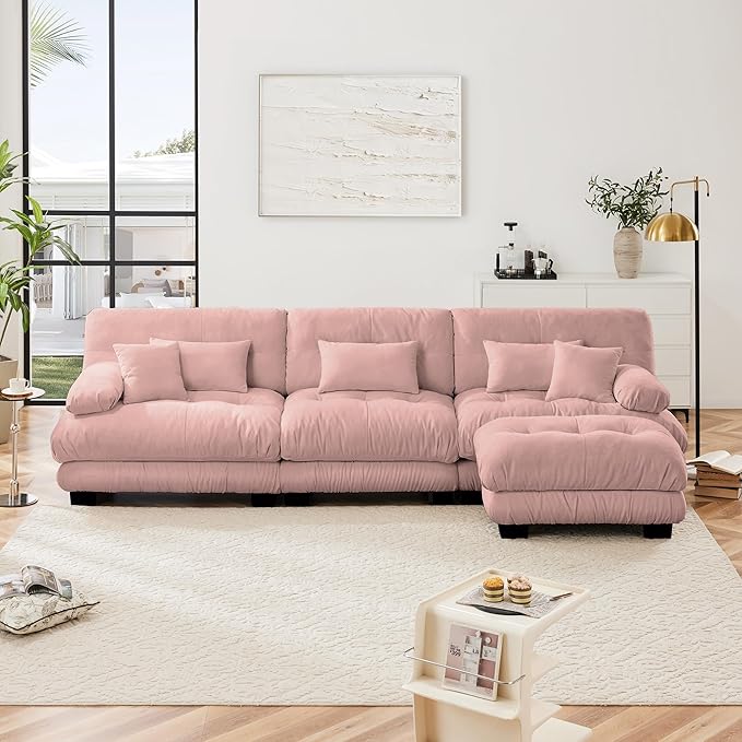 Modular Sectional Sofa for Living Room134 L-Shaped Comfy Couch with Ottoman Oversized 3 Seater Pink Sectional Couches with Pillows Fluffy Couch Set with Deep Seat