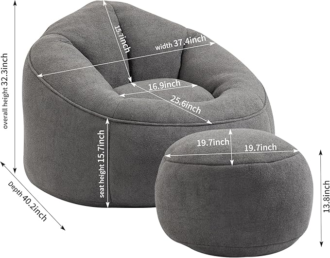 Small Bean Bag Chairs for Adults Single Sofa Chair with Ottoman Footrest Bean Bag Couch for Teens with Foam Filler Included Comfy Soft Lazy Sofa for Small Space/Living Room/Bedroom/Study