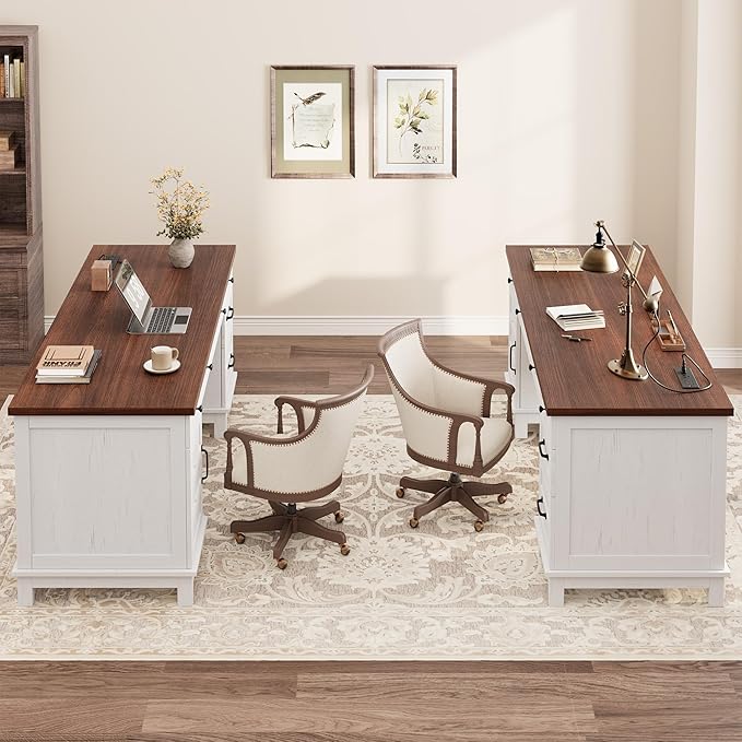 IDEALHOUSE Extra-Large Double Workstation Desk Spacious Home Office Desk with Adjustable Storage Cabinets Full-Extension File Drawers &amp Built-in Charging Station for Shared Work Brownish White
