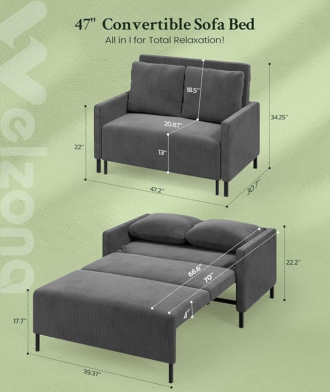 47.2 Convertible Sofa Bed Couch Comfy Corduroy Couch Bed All in 1 Loveseat Sleeper Sofa Love Seat Sleeper Bed with 2 Pillows Modern Couches for Living Room/Apartment/Home/Office Grey