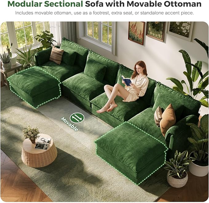 ABCASA 150 Oversized Modular Sectional Sofa with Throw Pillows &amp Movable Ottoman Comfy Cloud Couch 6-Seat Deep Seat Sofa U Shaped Modern Sofa for Living Room Apartment - Chenille Green