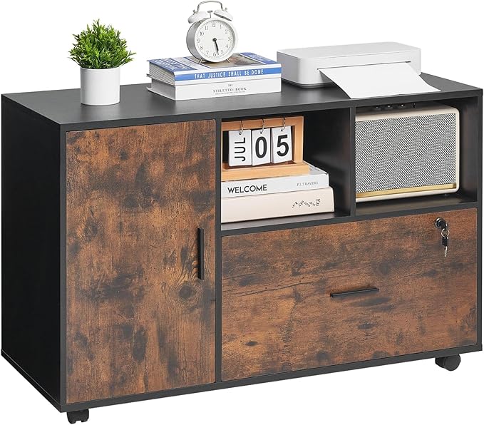 VEVOR Wood File Cabinet Mobile Filing Cabinet with Open Shelves Lockable Lateral Rolling File Storage with Adjustable Shelves Free Standing Printer Stand for Home Office School Rustic Brown