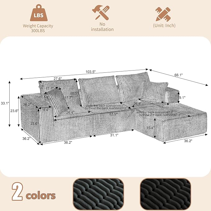Cloud Sectional Couch with L-Shape Chaise Modern Modular Sofa with Deep Seat Upholstered Corduroy Cloud Sofas Boneless Couches for Living Room No Assembly Required (Black Right Facing Chaise)