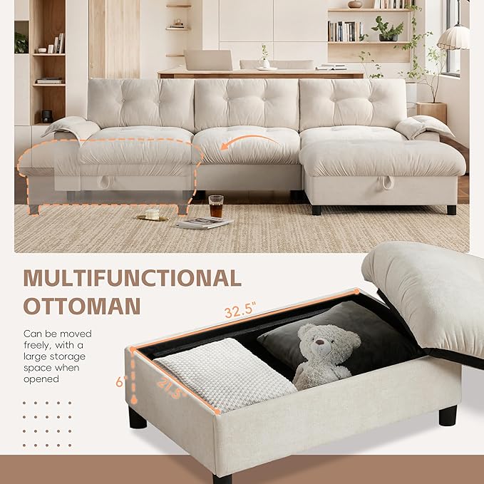 Mreax L-Shape Sectional Sofa with Movable Storage Ottoman and Multifunctional Armrest 4 Seater Oversized Chenille Upholstered Cloud Couch for Living Room Apartment Unique Tufted Design Beige