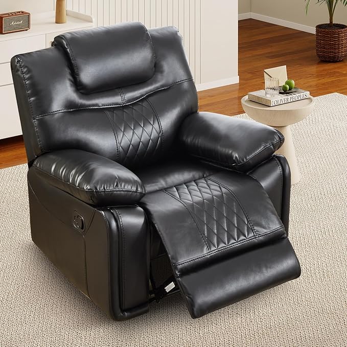 EBELLO Faux Leather Manual Recliner Chair Overstuffed Reclining Sofa with Comfortable Armrest and Backrest Single Couch for Living Room Black