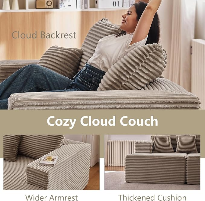 140 L Shaped Cloud Sectional Couch for Living Room Modular Floor Deep-Seat Sofa Big Comfy Corduroy Couches Set with Fluffy Memory Foam for Living Room Bedroom No Assembly Required Camel