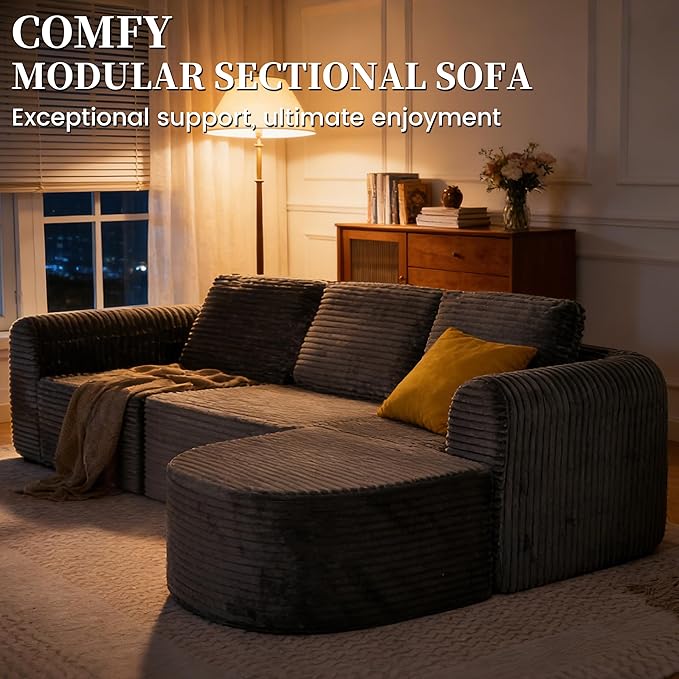 108” Modular Sectional Sofa Boneless Couches for Living Room Deep Seat L-Shape Cloud Couch with Chaise Comfy Sofa Freely Change Configurations No Assembly Required Soft Plush Corduroy Fabric(Grey)