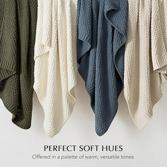 EVERGRACEHOME Chunky Chenille Knit Throw Blanket for Couch Soft Luxurious Moss Stitch Blankets for Bed Cozy Decorative Farmhouse Knitted Throws for Sofa Ivory White 60 x 80
