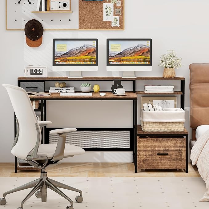 Tangkula 67 Computer Desk with Monitor Stand &amp File Drawer Large Home Office Desk with Power Outlets &amp USB Ports Long Workstation with Storage Shelves Study Writing Desk Gaming Desk Rusti