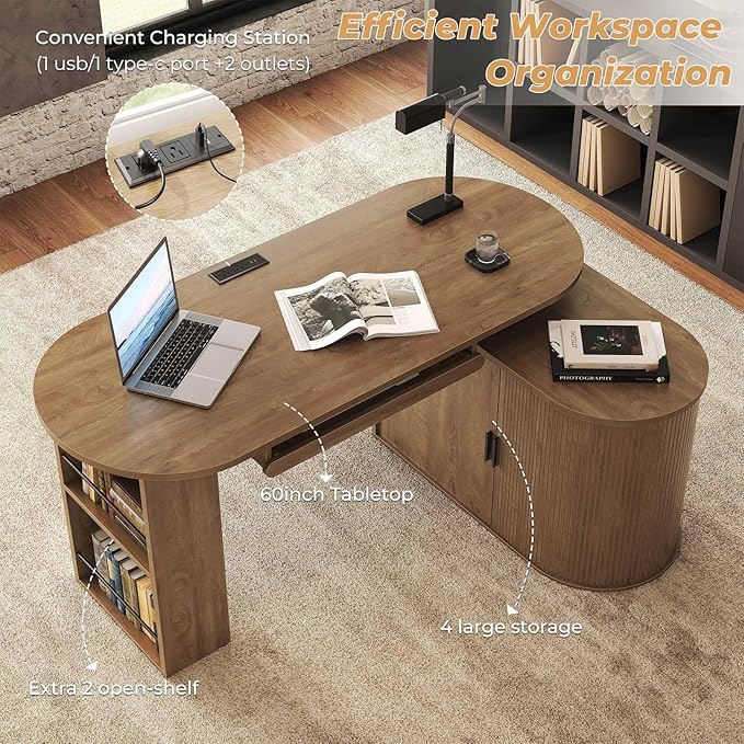 HSH L Shaped Computer Desk with Storage Cabinet Reversible Office L Desk with Keyboard Tray and Open Shelves Home Office Corner Executive Desk with Power Outlet Annual Ring Wood 60 Inch