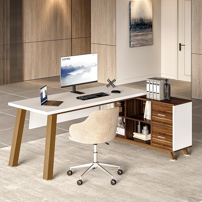 LITTLE TREE 70.8 Office Desk with 55 File Cabinet Combo L-Shaped Executive Desk with Storage Drawers &amp Shelves Wooden Home Office Desk Large Business Furniture White and Brown