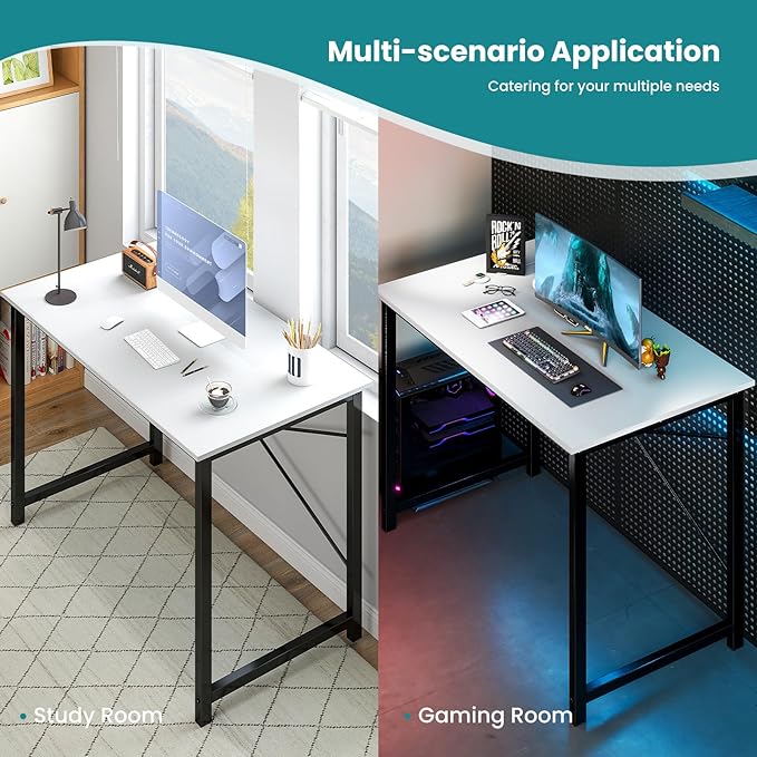 OLIXIS 32 Inch Small Computer Work Desk with X-Shaped Reinforcement Gaming Study Writing Table for Home Office Small Space Metal Frame Black&ampWhite
