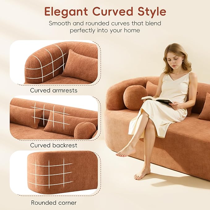 86 Curved Cloud Couch Curved SofaBoneless Couch Upholstered Sofa with Pillows No Assembly with High-Density Foam 3-Seater Luxury Modern Compressed Sofa ChenilleOrange