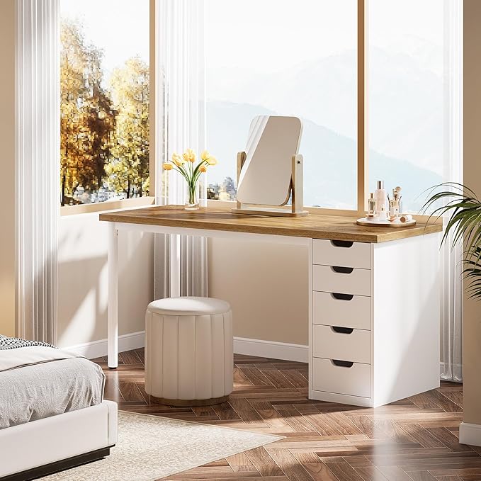 Tribesigns Modern Simple Computer Desk 47 Inches PC Desk with 5 Reversible Drawers Rustic Brown Study Writing Table Workstation for Home Office Small Spaces (Walnut+White)
