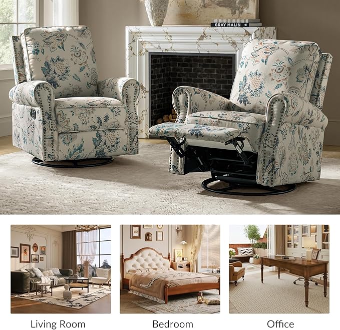 HULALA Home Rocker Recliner Set of 2 Modern Printed Fabric Swivel Glider with Adjustable Backrest &amp Footrest Teal