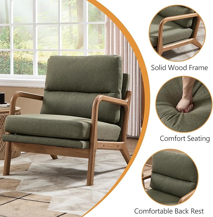 Bonzy Home Mid Century Modern Accent Chairs Set of 2 Solid Wood Frame Upholstered Lounge Armchairs with Supportive Cushions Living Room Conversation Chairs Green