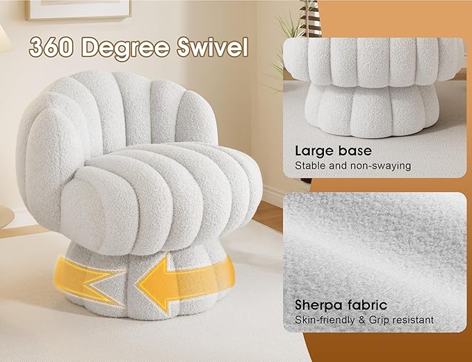 Mid Century Modern 360 Degree Barrel Swivel Accent Vanity ChairFluffy Sherpa Fabric Lounge Wide Upholstered Pumpkin Reading Chair Round Cloud Armchair for Living RoomBedroomVanity(Beige)