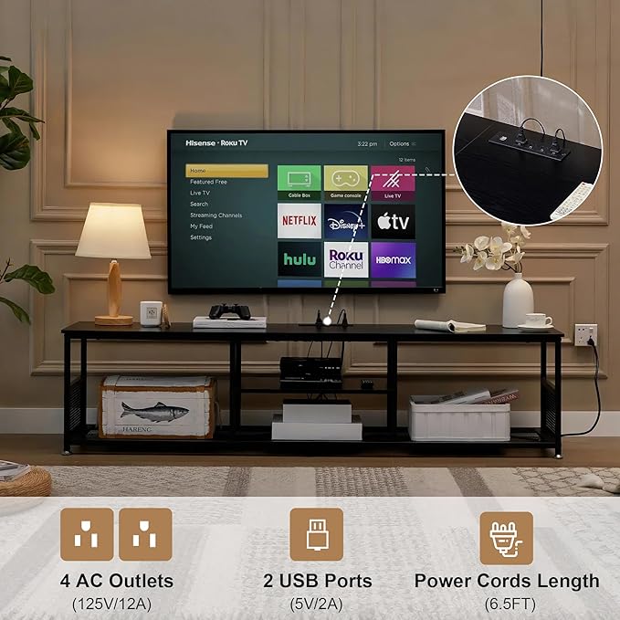 VECELO TV Stand with Power Outlets for Televisions up to 65Inch 55 Media Entertainment Center with Charging Station 3-Tier Open Storage Shelves with Metal Frame for Living Room/BedroomBlack