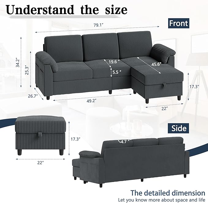 Meilocar Sectional Couches for Living Room L Shaped Couch with Side Storage Pockage Comfortable 3 Seat Sofa Couches for Apartment Grey