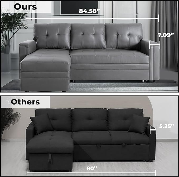 Naomi Home L-Shaped Sectional Sleeper Sofa with USB Ports - Convertible Pull-Out Bed Ample Storage Timeless Design Durable Construction Gray/Air Leather