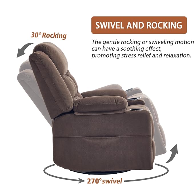 Swivel Rocker Recliner Chair for Adults with Massage and Heat Cup Holders and Side Pockets Glider Rocking Reclining Single Sofa Chair for Living Room (Cocoa)