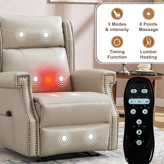 Manual Recliner Chair Faux Leather Push Back Recliners with Vibration Massage Lumbar Heat Living Room Single Sofa Reclining Rivet Design Chair Grayish Beige