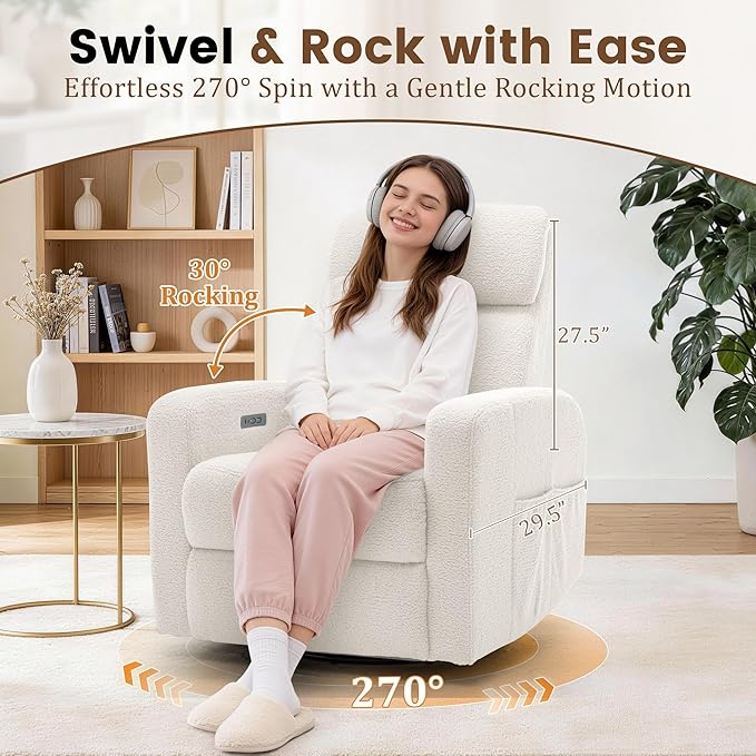 Power Swivel Recliner Chairs for Adults Electric Glider Rocking Chair Nursery Glider Recliner Nursery Chair with Classified Side Pocket Nursery Rocking Chairs with USB and Type-C Ports