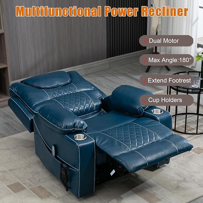 Large Power Lift Recliner Chair Sofa with Massage and Heat for Big and Tall ElderlyInfinite PositionsDual MotorCup HoldersAir Leather Home Theater Seat