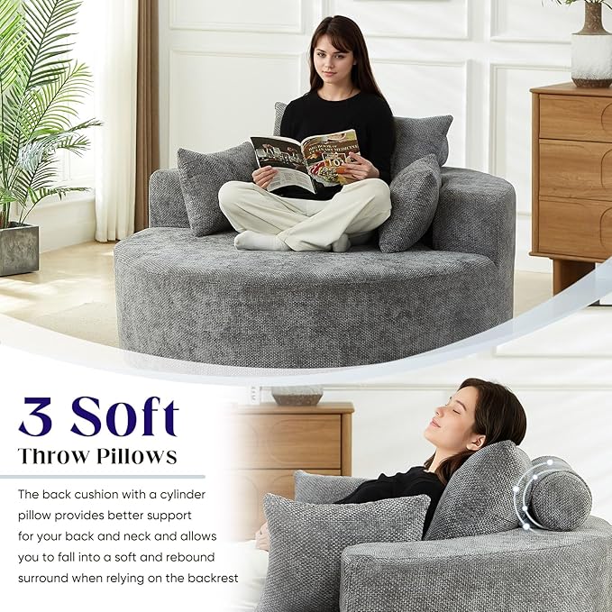 Oversized Round Swivel Chaise Longue Chair Indoor Modern 55-inch 360 Degree Swivel Upholstered Waffle Chenille Deep Seat Circle Single Cloud Sofa Chair for Living Room Bedroom Apartment Office Grey