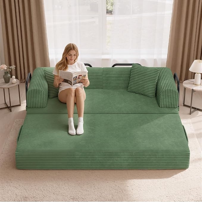 Convertible Coarser Corduroy Sleeper Sofa Bed with Cylindrical Pillow Folding Mattress Couch with Fixed-Shape Frame Floor Sofa Lounge Couch for Living Room Bedroom Lounge Studio Green