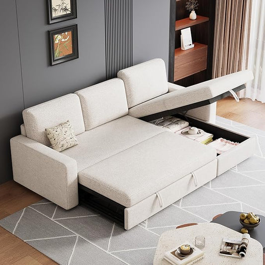 81 inch 3-seat Convertible L Shaped Sleeper Sofa Pull Out Sectional Couch with Storage Chaise &amp Removable Cushions Modern Furniture for Small Living Room Apartment Loft Beige