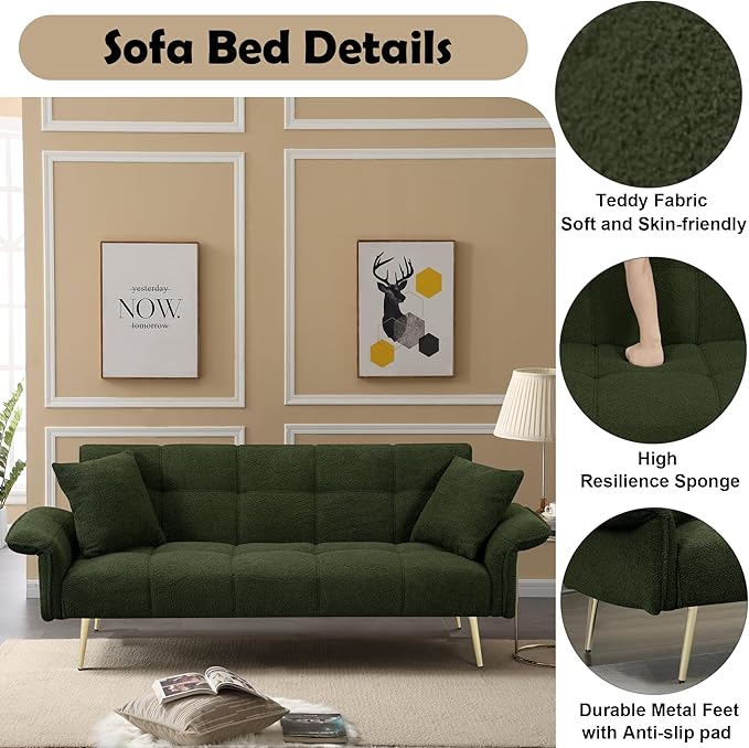 Convertible Sofa Bed Futon Couch Bed with Adjustable Arms and Backrest Modern Love Sofa with Gold Metal Legs for Living Room Bedroom (Teddy Fabric in Green 70.1 Wx31.1 Dx31.5 H)