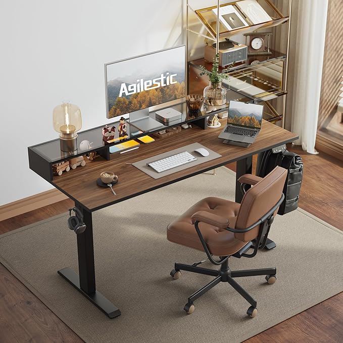 Agilestic Glass Standing Desk with Storage 48 Inch Electric Adjustable Desk with Glass Shelf Sit Stand Up Home Office Computer Table Splice Board Dark Walnut