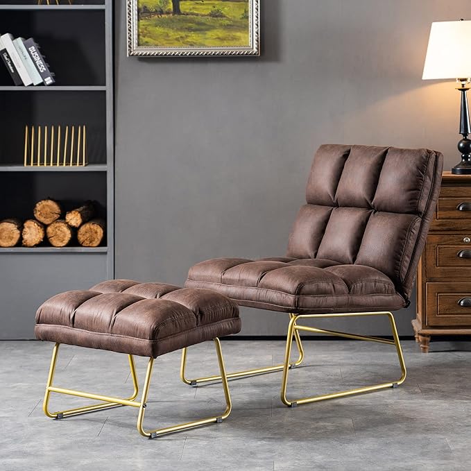 MCombo Accent Chair with Ottoman Set Modern Armless Chair for Living Room Bedroom Small Space 4013 (Heat-Stamped Fabric Dark Brown)