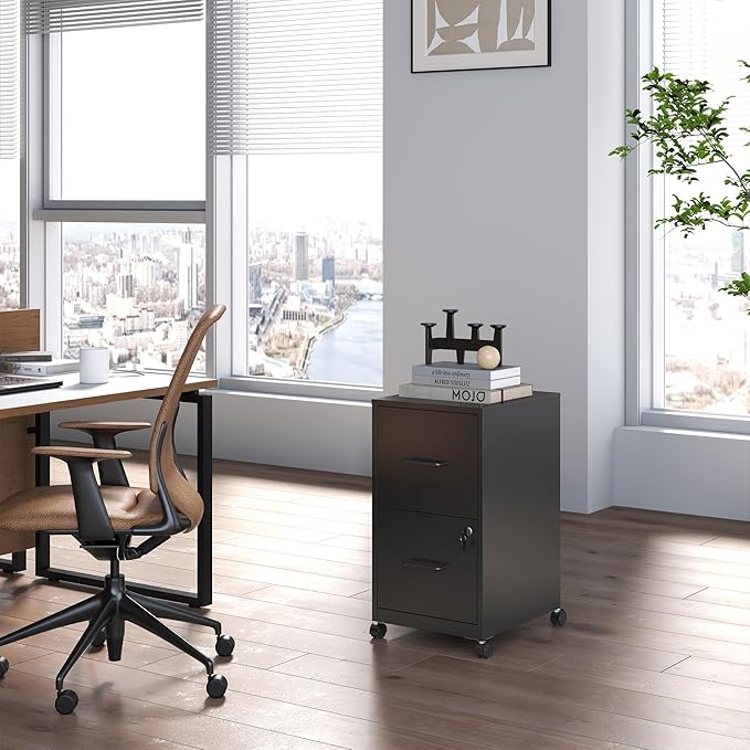 2 Drawer Mobile File Cabinet Metal Under Desk Filing Cabinet with Lock and Wheels Home Office Rolling File Cabinet for Legal/Letter Hanging File Folders Un-Assembled Black