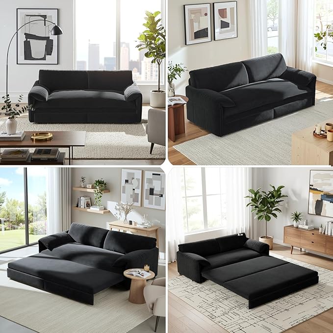 Homy Casa 66 3-in-1 Convertible Sofa Bed Queen Size Pull-Out Bed with Side Storage Velvet Loveseat Modern Sleeper Sofa for Living Room Office or Guest Room (Black)