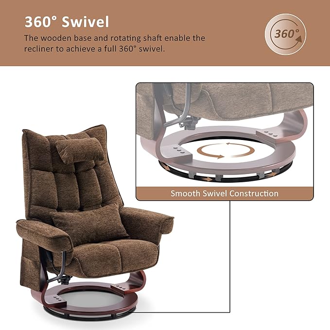 MCombo Swivel Recliner with Ottoman TV Chair Sets with Vibration Massage Ideal for Small Space Living Room &amp Bedroom 4188 4605 (Brown Base Brown)