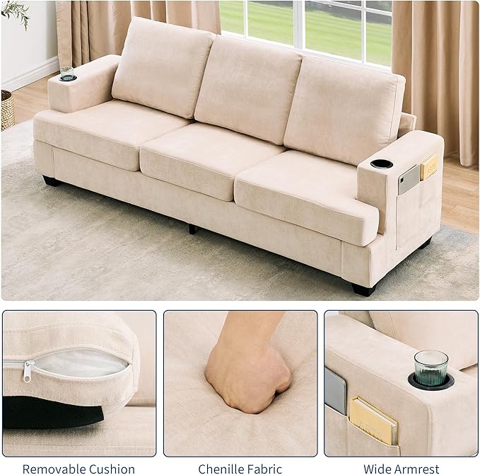 Garvee Chenill Sofa for Living Room 89-Inch Comfy Couches with Deep Seat Modern 3-Seater Sofa Couch with Cup Holders and Side Storage Pockets for Apartment Lounge Beige