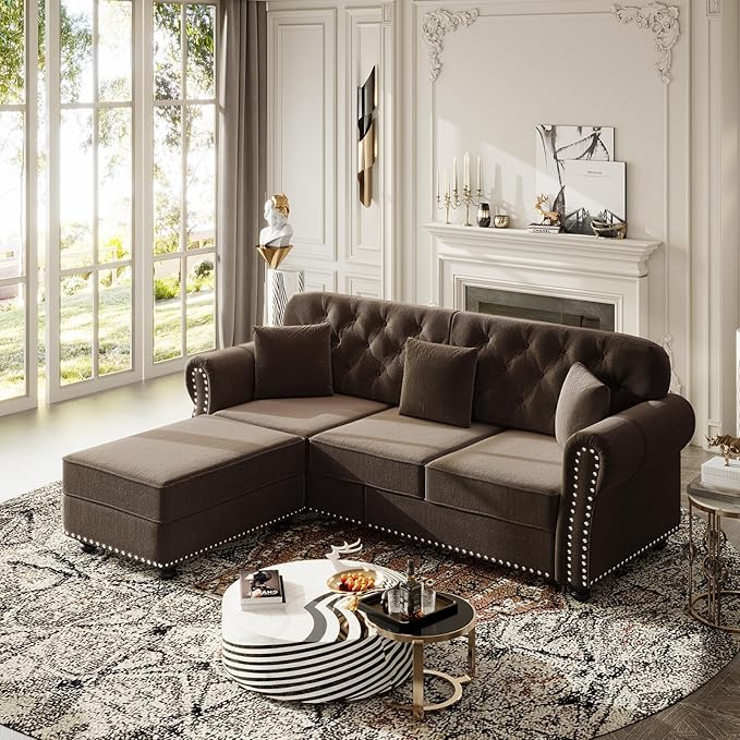 4 Pieces Chesterfield Sofa Set with Ottoman 1&amp 2&amp 3 Seater Comfy Tufted Velvet Couch with Rolled Arms &amp 6 Pillows Mid Century Modern Couch and Loveseat Vintage Living Room Sets Furnitur