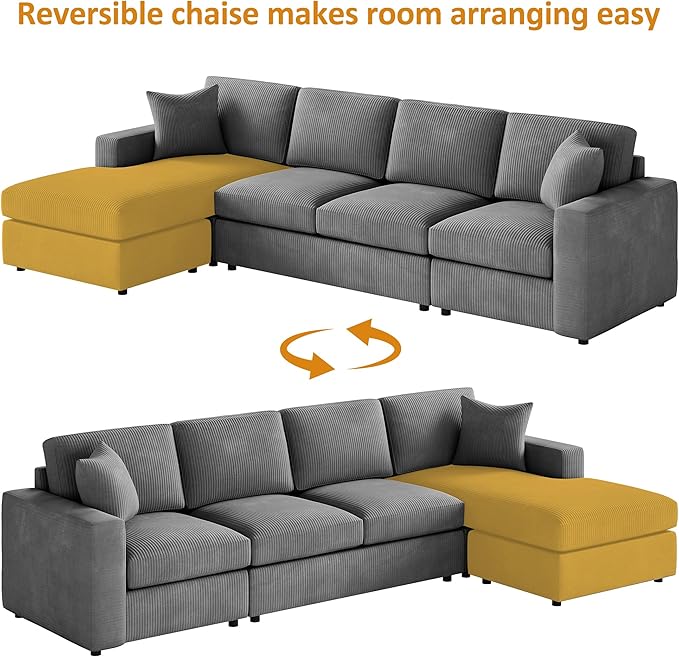 VANOMi 119 L-Shaped Sectional Sofa with Reversible Chaise Modern Corduroy Couch with Deep Seats 4-Seater Upholstered Sofa for Living Room or Apartment Dark Grey